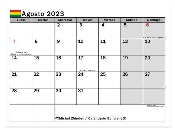 Calendario para imprimir, agosto de 2023, Bolivia (LD)