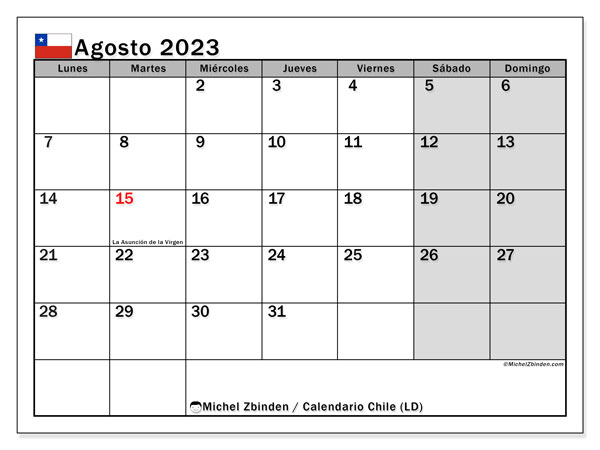 Kalender augustus 2023, Chili (ES). Gratis printbare kaart.