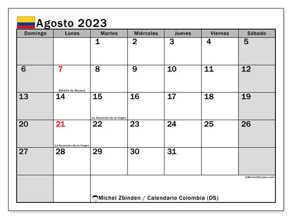 Calendario para imprimir, agosto 2023, Colombia (DS)