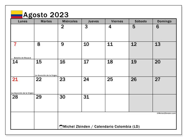 Calendario con los días festivos de Colombia, agosto 2023, para imprimir, gratis. Programación para imprimir gratis