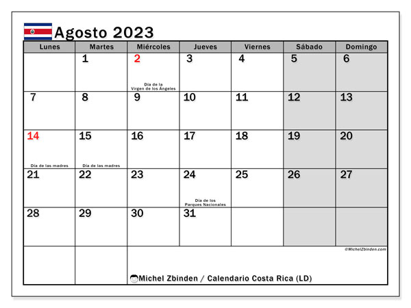 Calendario para imprimir, agosto de 2023, Costa Rica (LD)