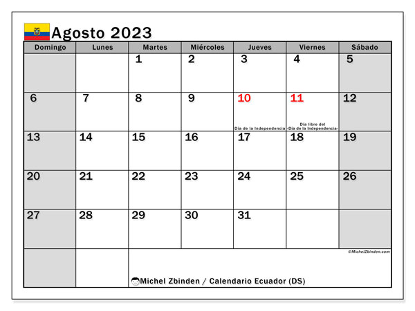 Ecuador (DS), calendario de agosto de 2023, para su impresión, de forma gratuita.