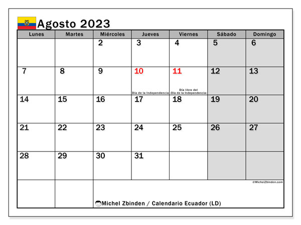 Calendario para imprimir, agosto de 2023, Ecuador (LD)