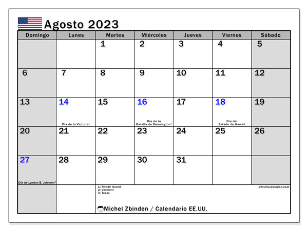 Calendario agosto 2023, Estados Unidos (ES). Programa para imprimir gratis.