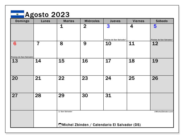 Kalender augustus 2023, El Salvador (ES). Gratis printbare kaart.