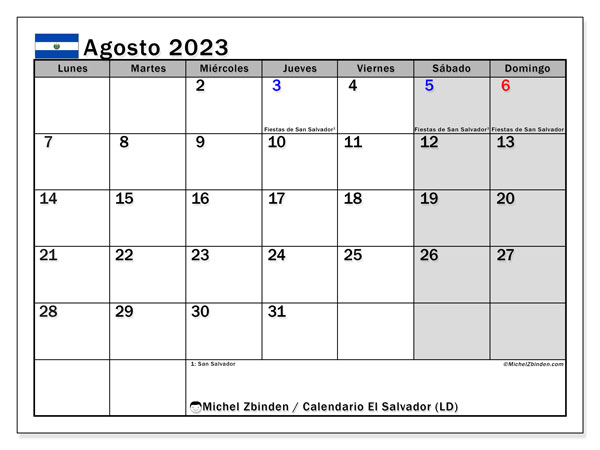 Calendario “El Salvador (LD)” para imprimir, con festivos. Calendario mensual agosto de 2023 y almanaque gratuito para imprimir.