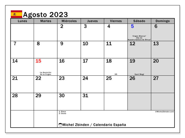 Kalendarz sierpień 2023, Hiszpania (ES). Darmowy program do druku.