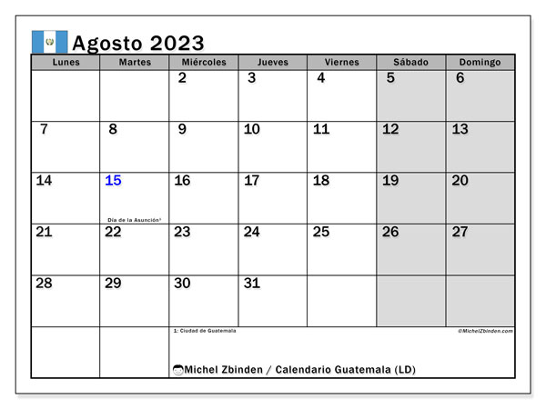 Calendario para imprimir, agosto 2023, Guatemala (LD)