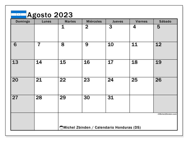Kalendarz sierpień 2023, Honduras (ES). Darmowy program do druku.