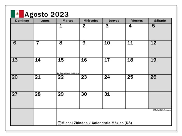 Calendario para imprimir, agosto de 2023, México (DS)