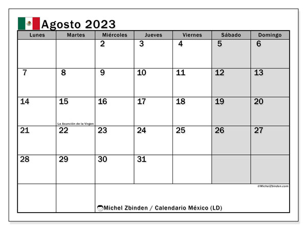 Kalender augustus 2023, Mexico (ES). Gratis printbare kaart.