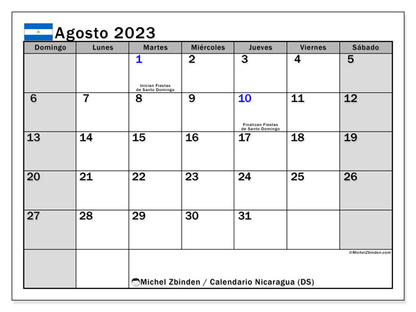 Kalendarz sierpień 2023, Nikaragua (ES). Darmowy program do druku.