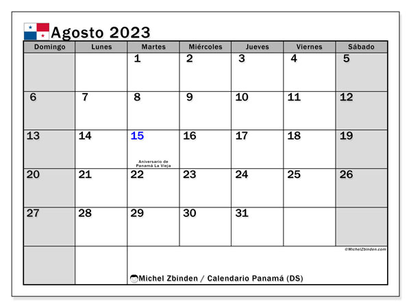 Calendário Agosto 2023, Panamá (ES). Calendário gratuito para imprimir.