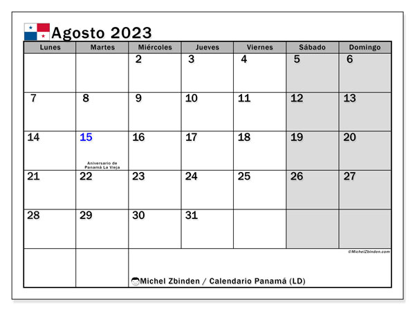 Calendario para imprimir, agosto de 2023, Panamá (LD)