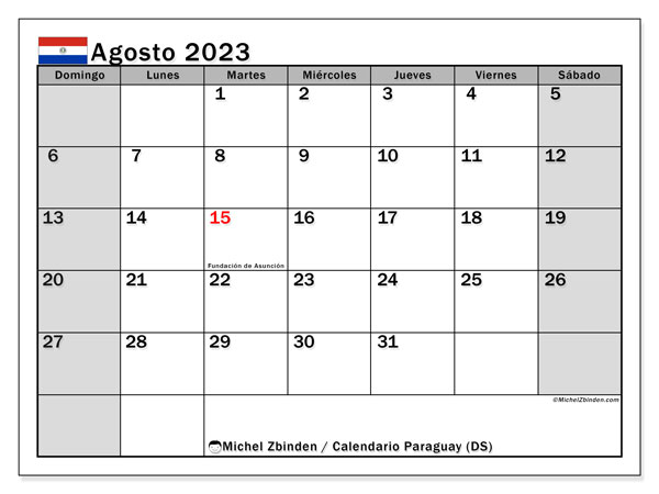 Calendario para imprimir, agosto de 2023, Paraguay (DS)