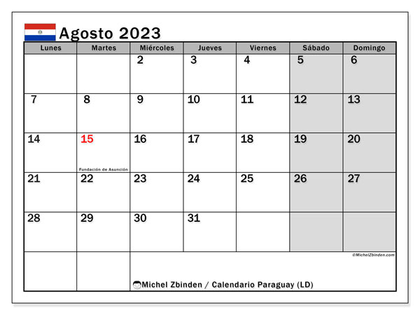 Calendario para imprimir, agosto de 2023, Paraguay (LD)