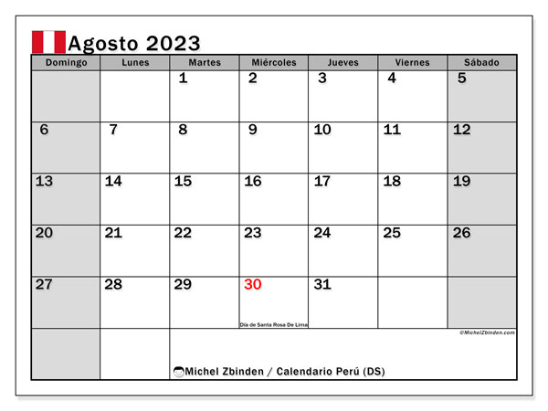 Kalenteri elokuu 2023, Peru (ES). Ilmainen tulostettava ohjelma.