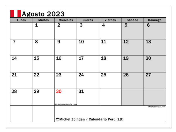 Calendario para imprimir, agosto de 2023, Perú (LD)