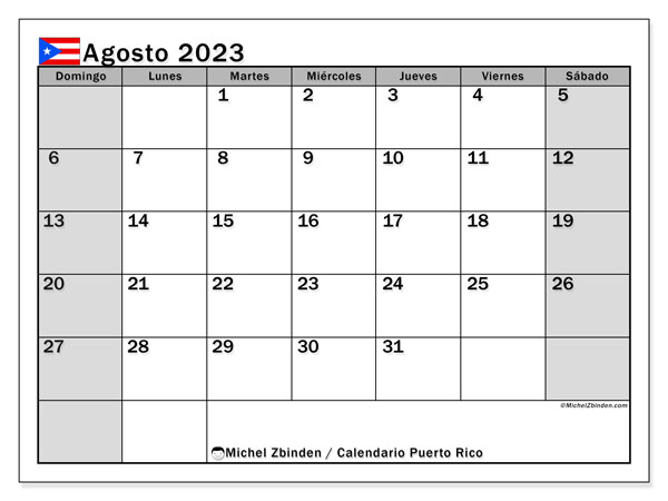 Kalendarz sierpień 2023, Puerto Rico (ES). Darmowy program do druku.