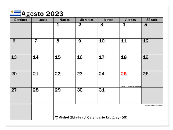 Calendario agosto 2023, Uruguay (ES). Programa para imprimir gratis.