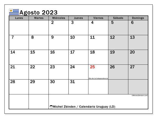 Uruguay (LD), calendario de agosto de 2023, para su impresión, de forma gratuita.