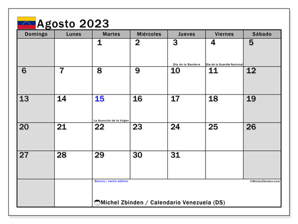 Calendario para imprimir, agosto de 2023, Venezuela (DS)