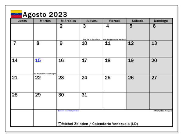 Calendario “Venezuela (LD)” para imprimir, con festivos. Calendario mensual agosto de 2023 y planificación imprimibile.