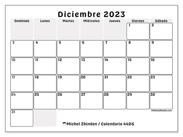 Calendario diciembre 2023 “44”. Calendario para imprimir gratis.. De domingo a sábado