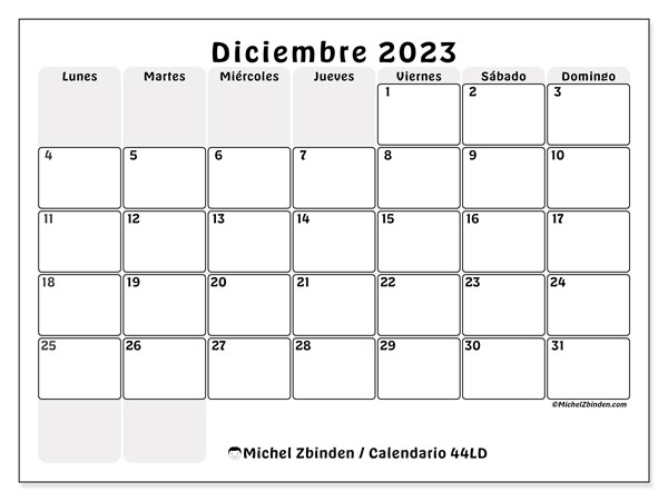 Calendario diciembre 2023 “44”. Calendario para imprimir gratis.. De lunes a domingo