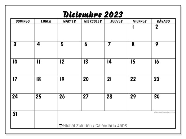 Calendario diciembre 2023 “45”. Calendario para imprimir gratis.. De domingo a sábado