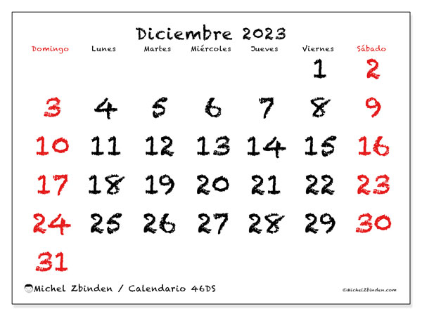 Calendario diciembre 2023 “46”. Programa para imprimir gratis.. De domingo a sábado