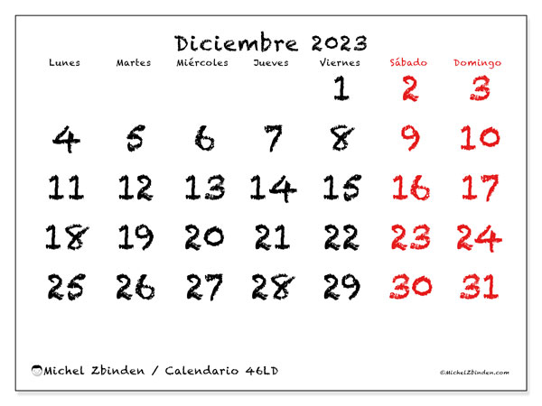 Calendario diciembre 2023 “46”. Horario para imprimir gratis.. De lunes a domingo