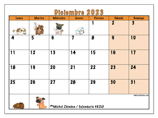 Calendario diciembre 2023 “482”. Horario para imprimir gratis.. De lunes a domingo