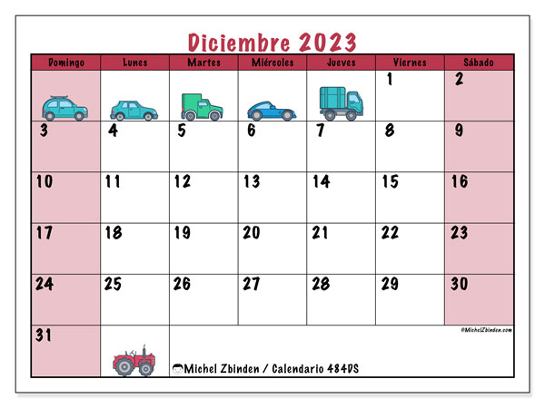 Calendario diciembre 2023 “484”. Calendario para imprimir gratis.. De domingo a sábado