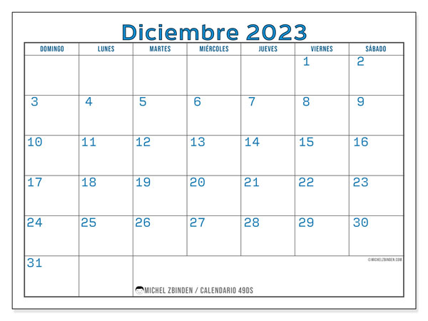 Calendario diciembre 2023 “49”. Diario para imprimir gratis.. De domingo a sábado