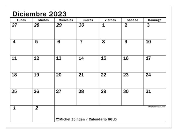 Calendario diciembre 2023 “501”. Programa para imprimir gratis.. De lunes a domingo