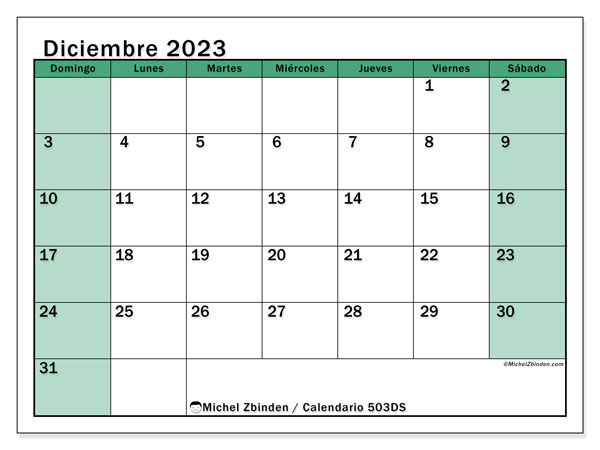 Calendario diciembre 2023 “503”. Horario para imprimir gratis.. De domingo a sábado