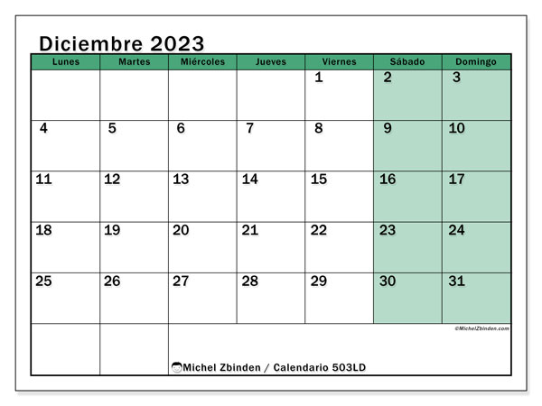 Calendario diciembre 2023 “503”. Horario para imprimir gratis.. De lunes a domingo