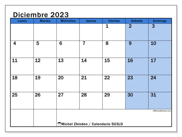 Calendario diciembre de 2023 para imprimir. Calendario mensual “504LD” y agenda gratuito para imprimir