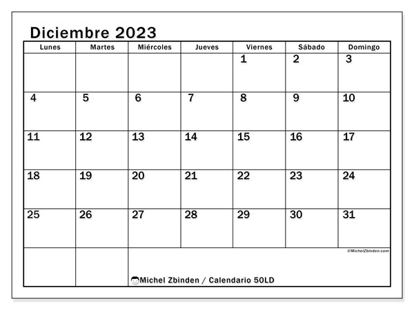 Calendario diciembre 2023 “50”. Calendario para imprimir gratis.. De lunes a domingo