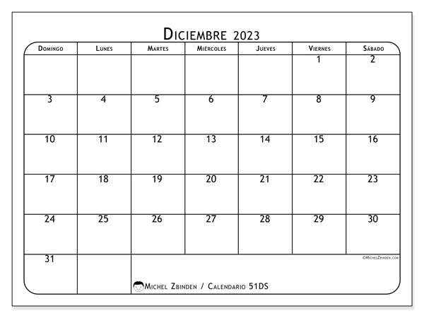 Calendario diciembre 2023 “51”. Calendario para imprimir gratis.. De domingo a sábado