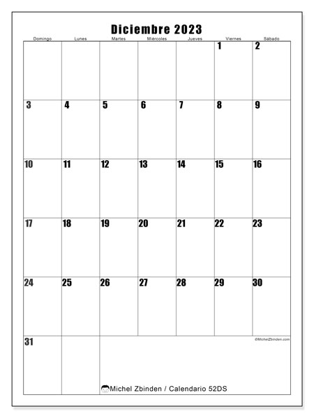 Calendario diciembre de 2023 para imprimir. Calendario mensual “52DS” y planificación gratuito para imprimir
