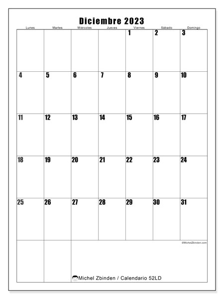 Calendario diciembre de 2023 para imprimir. Calendario mensual “52LD” y almanaque imprimibile