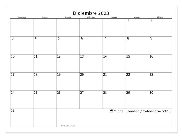 Calendario diciembre 2023 “53”. Calendario para imprimir gratis.. De domingo a sábado