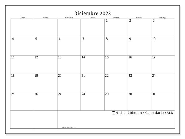 Calendario diciembre 2023 “53”. Calendario para imprimir gratis.. De lunes a domingo