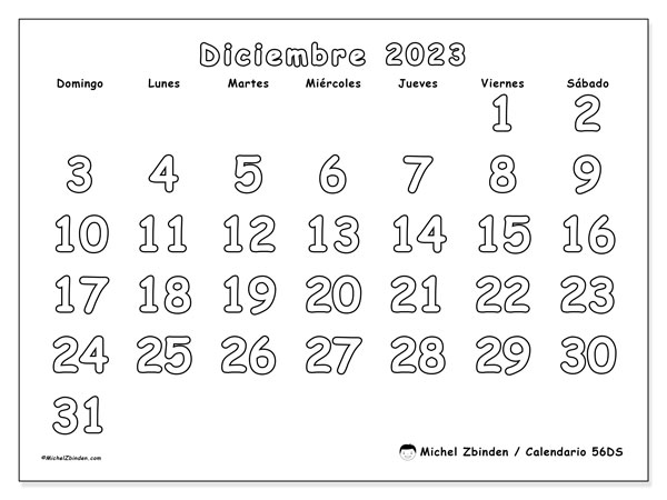 Calendario diciembre de 2023 para imprimir. Calendario mensual “56DS” y agenda imprimibile