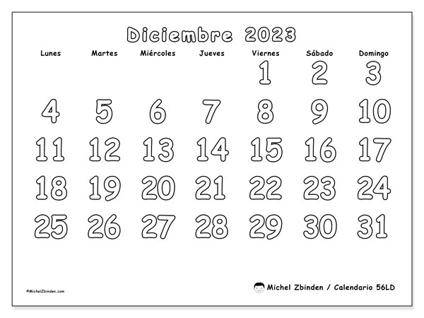 Calendario diciembre de 2023 para imprimir. Calendario mensual “56LD” y cronograma para imprimer gratis