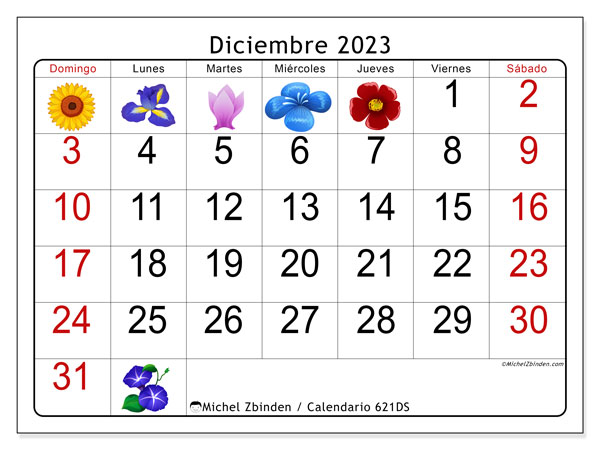 Calendario diciembre 2023 “621”. Horario para imprimir gratis.. De domingo a sábado