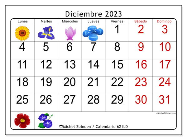 Calendario diciembre 2023 “621”. Horario para imprimir gratis.. De lunes a domingo