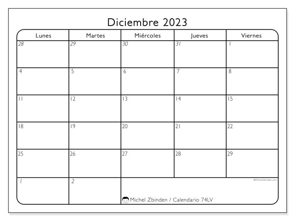 Calendario diciembre de 2023 para imprimir. Calendario mensual “74LD” y almanaque para imprimer gratis